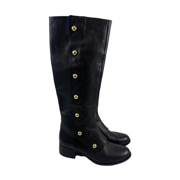 Michael Michael Kors Maisie Knee High Boot Black Leather Pebbled Gold Button 7.5 - Picture 1 of 15
